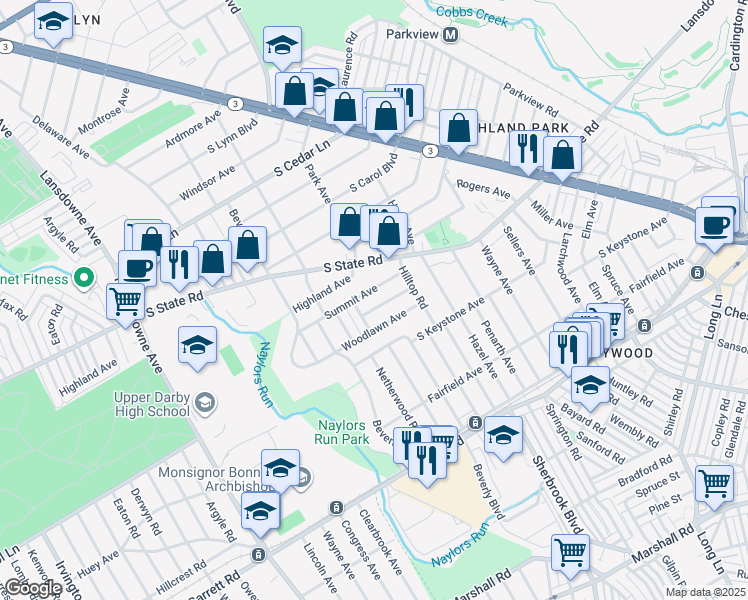 map of restaurants, bars, coffee shops, grocery stores, and more near 120 Crestview Road in Delaware County