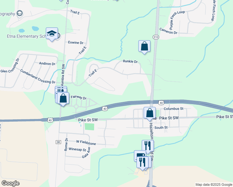 map of restaurants, bars, coffee shops, grocery stores, and more near 175 Pebble Creek Dr in Pataskala