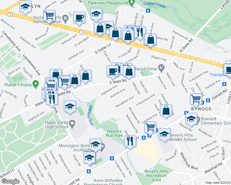 map of restaurants, bars, coffee shops, grocery stores, and more near 134 Summit Avenue in Upper Darby