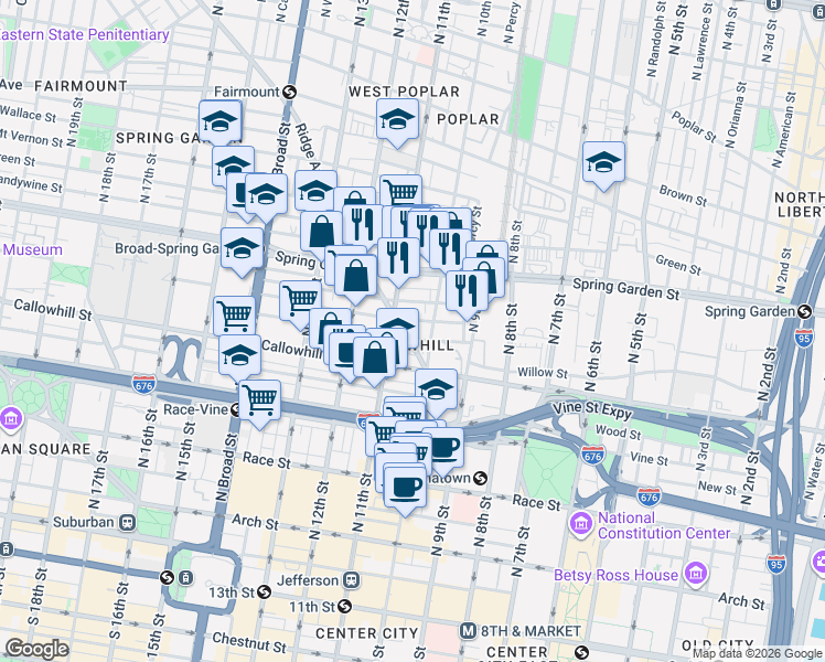 map of restaurants, bars, coffee shops, grocery stores, and more near 1021 Ridge Avenue in Philadelphia