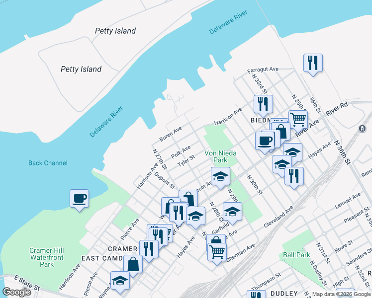 map of restaurants, bars, coffee shops, grocery stores, and more near 2805 Polk Ave in Camden