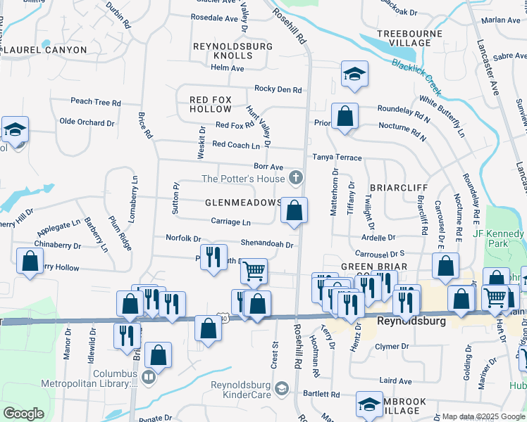 map of restaurants, bars, coffee shops, grocery stores, and more near 6629 Balsam Dr in Reynoldsburg