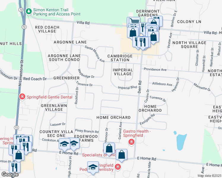 map of restaurants, bars, coffee shops, grocery stores, and more near 1037 Regan Lane in Springfield