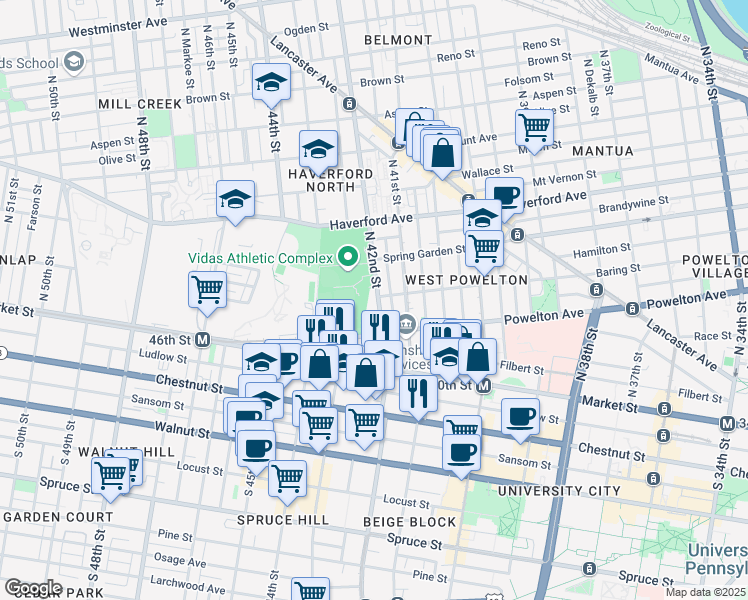 map of restaurants, bars, coffee shops, grocery stores, and more near 342 North 42nd Street in Philadelphia