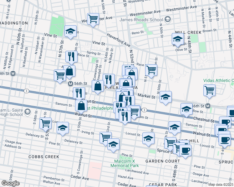 map of restaurants, bars, coffee shops, grocery stores, and more near 5246 Market Street in Philadelphia