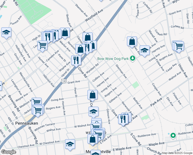 map of restaurants, bars, coffee shops, grocery stores, and more near 6529 Collins Avenue in Pennsauken Township