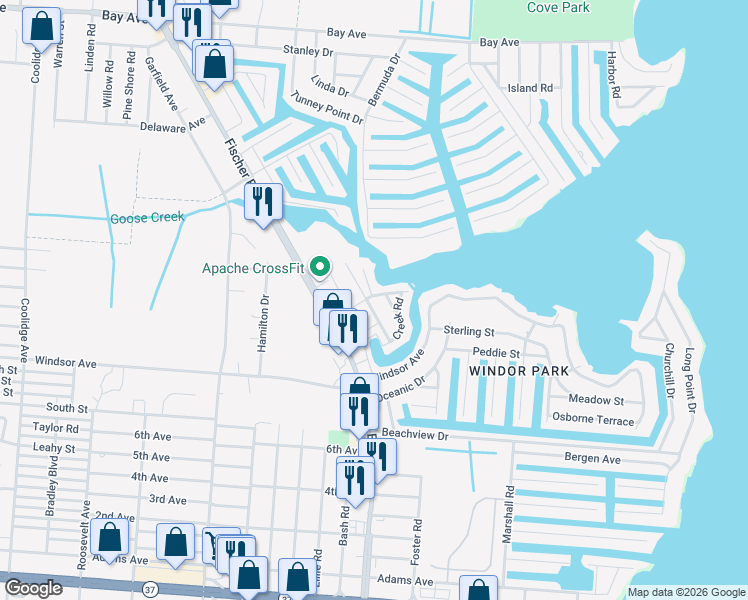 map of restaurants, bars, coffee shops, grocery stores, and more near 641 Beachwood Avenue in Toms River