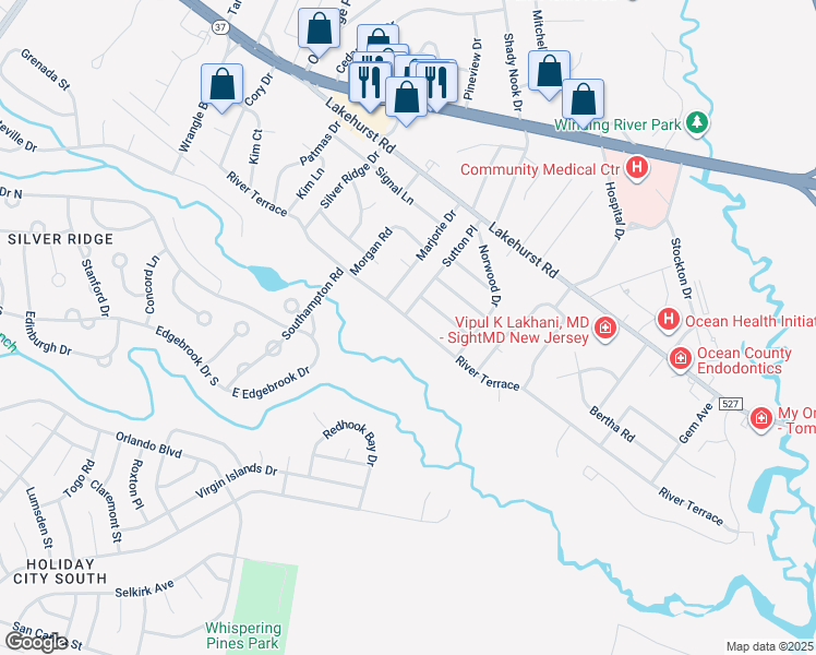 map of restaurants, bars, coffee shops, grocery stores, and more near 487 River Terrace in Toms River
