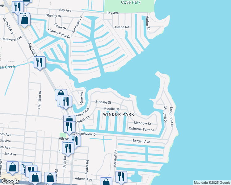 map of restaurants, bars, coffee shops, grocery stores, and more near 3216 Windsor Avenue in Toms River