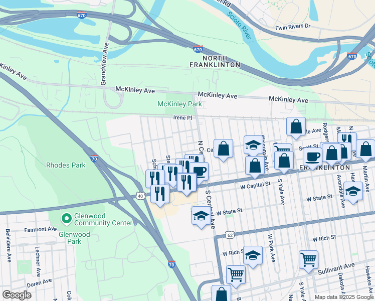 map of restaurants, bars, coffee shops, grocery stores, and more near 112 North Guilford Avenue in Columbus