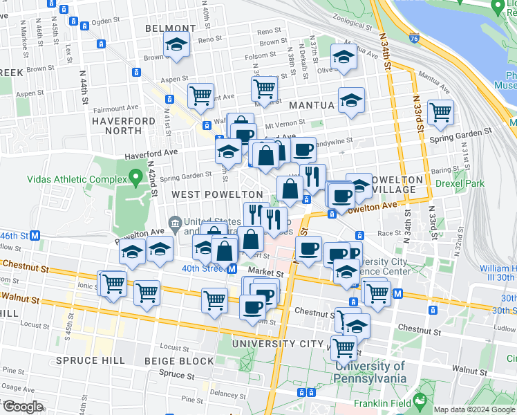 map of restaurants, bars, coffee shops, grocery stores, and more near 314 North 39th Street in Philadelphia