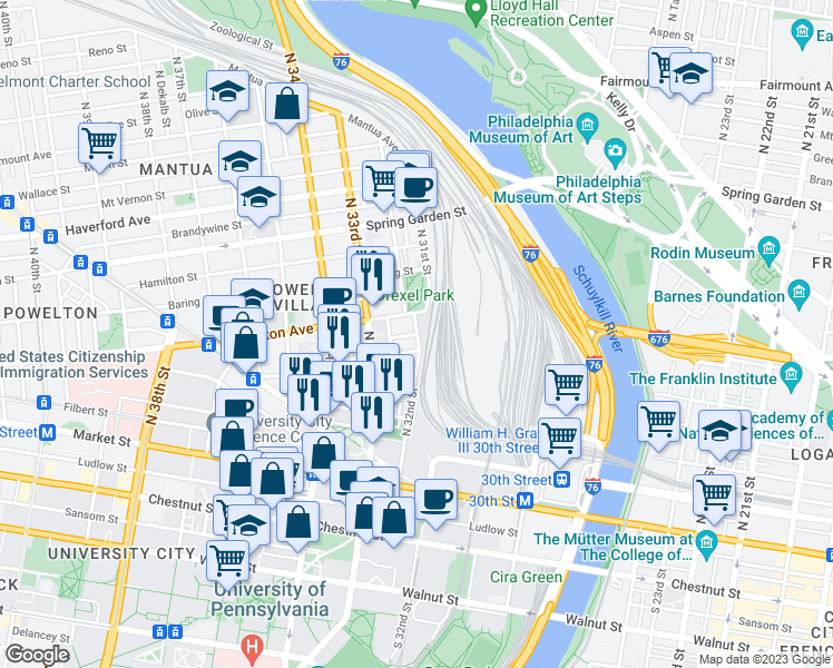 map of restaurants, bars, coffee shops, grocery stores, and more near North 32nd Street & Winter Street in Philadelphia