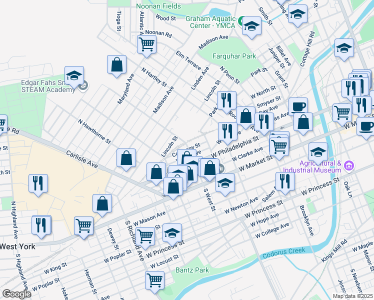 map of restaurants, bars, coffee shops, grocery stores, and more near 600 Company Street in York