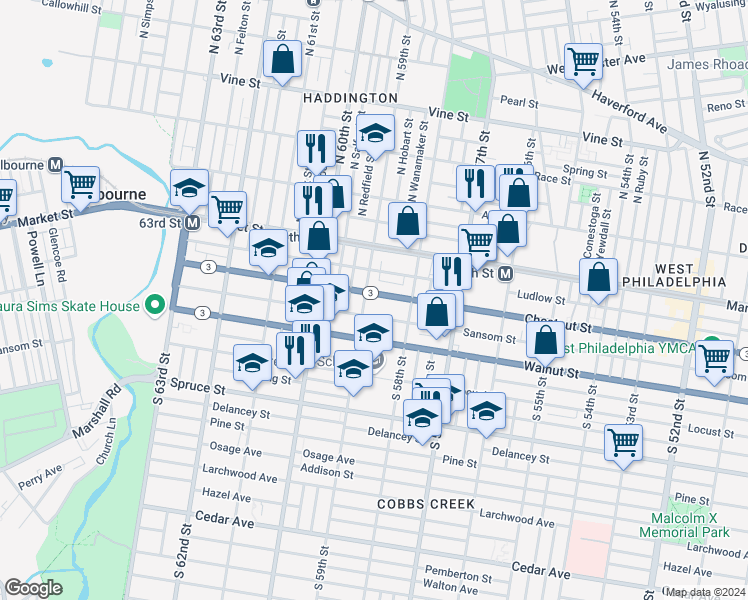 map of restaurants, bars, coffee shops, grocery stores, and more near 5848 Chestnut Street in Philadelphia