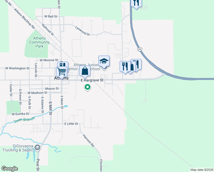 map of restaurants, bars, coffee shops, grocery stores, and more near 303-307 South Wood Street in Athens