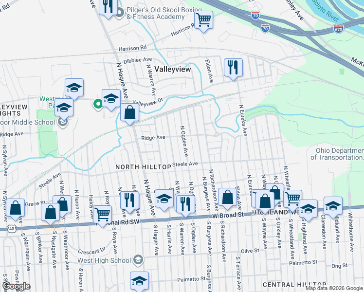 map of restaurants, bars, coffee shops, grocery stores, and more near 233 North Ogden Avenue in Columbus