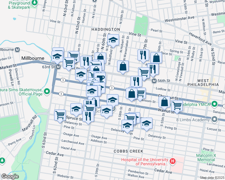 map of restaurants, bars, coffee shops, grocery stores, and more near 5840 Pennsylvania 3 in Philadelphia