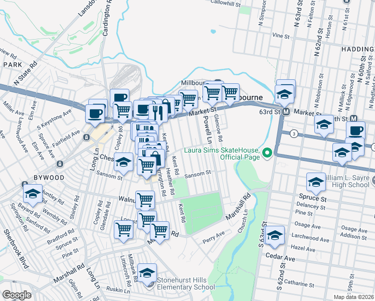 map of restaurants, bars, coffee shops, grocery stores, and more near 6708 Chestnut Street in Delaware County