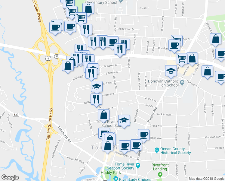 map of restaurants, bars, coffee shops, grocery stores, and more near 28 Dayton Avenue in Toms River