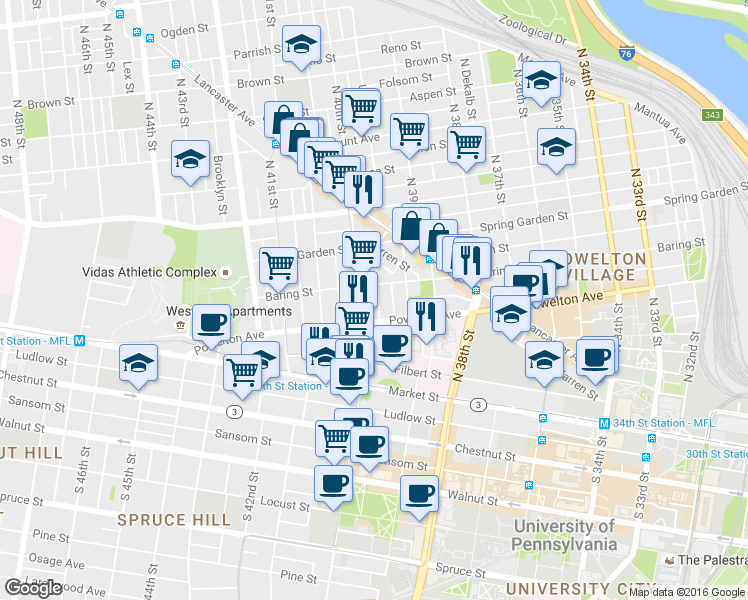 map of restaurants, bars, coffee shops, grocery stores, and more near 330 North Sloan Street in Philadelphia