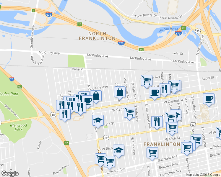 map of restaurants, bars, coffee shops, grocery stores, and more near 90 North Princeton Avenue in Columbus