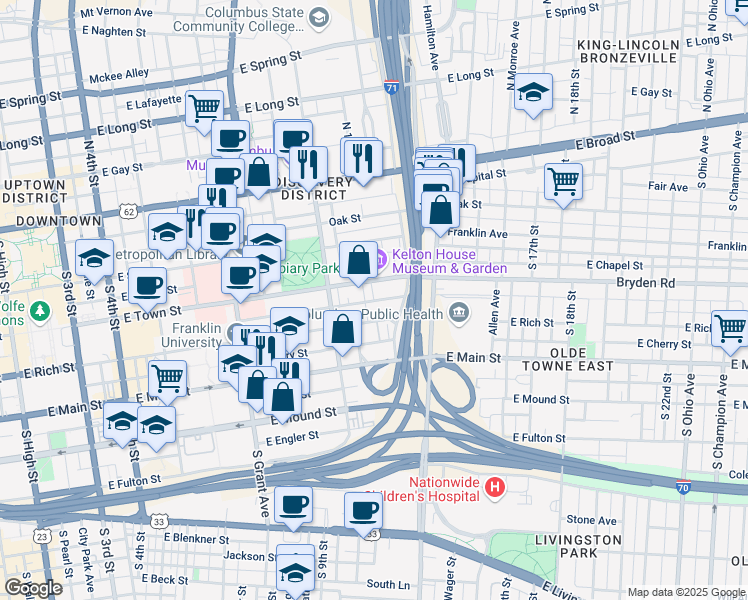 map of restaurants, bars, coffee shops, grocery stores, and more near 1 East Walnut Street in Columbus