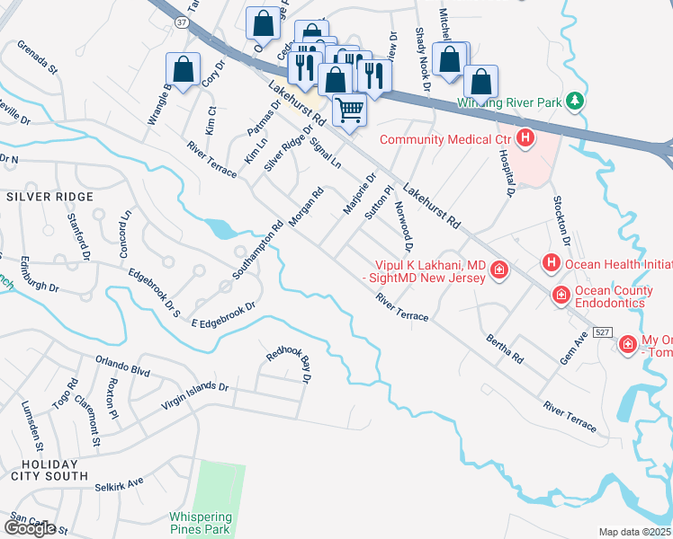 map of restaurants, bars, coffee shops, grocery stores, and more near 487 River Terrace in Toms River