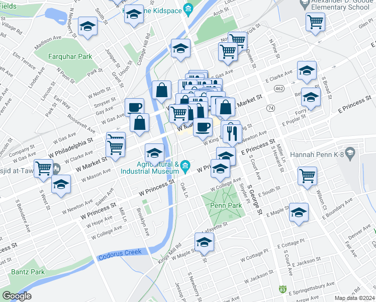 map of restaurants, bars, coffee shops, grocery stores, and more near 150 West King Street in York