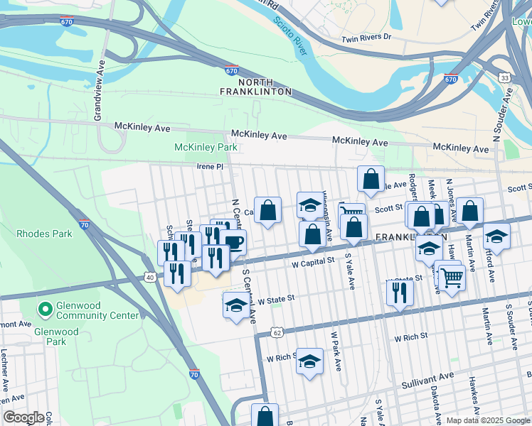 map of restaurants, bars, coffee shops, grocery stores, and more near 98 Hayden Ave in Columbus