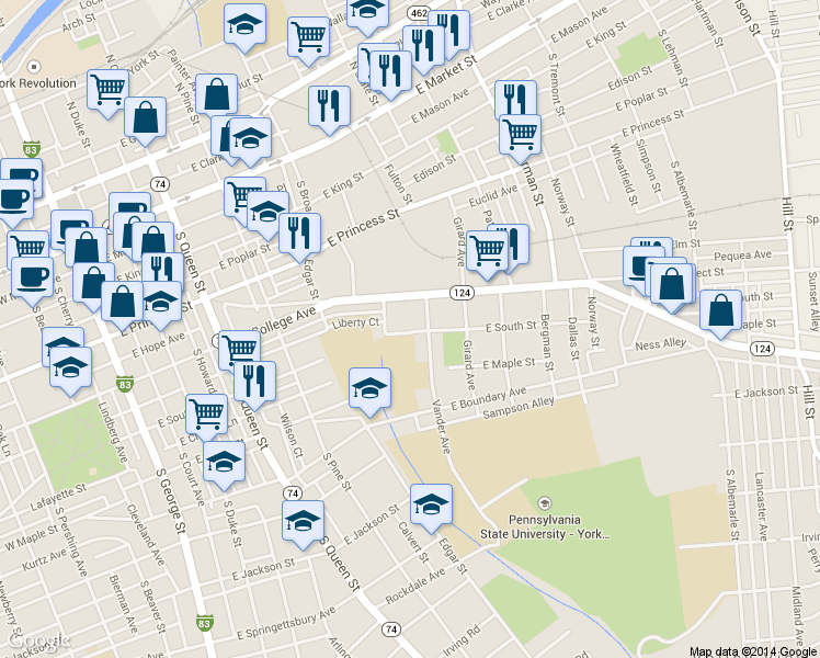 map of restaurants, bars, coffee shops, grocery stores, and more near 540 E Prospect St in York