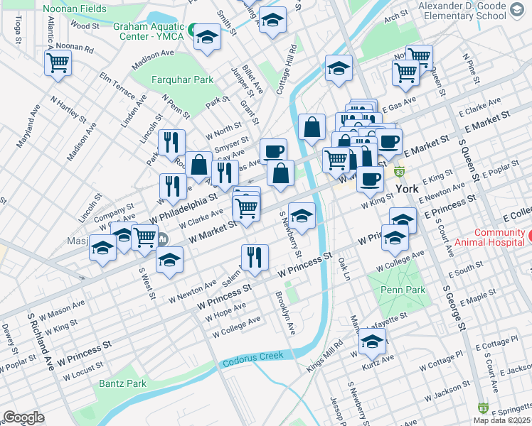 map of restaurants, bars, coffee shops, grocery stores, and more near 324 Pennsylvania 462 in York
