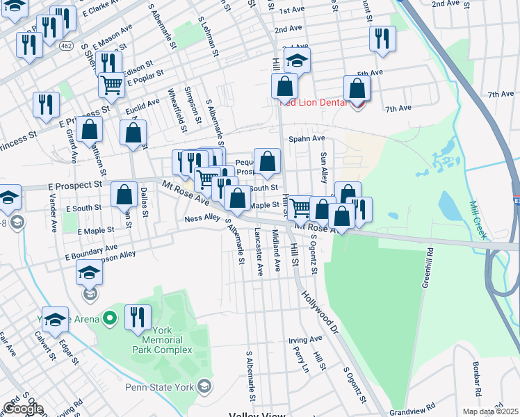 map of restaurants, bars, coffee shops, grocery stores, and more near 565 Lancaster Avenue in York