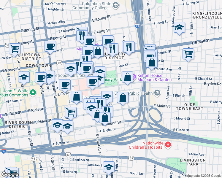 map of restaurants, bars, coffee shops, grocery stores, and more near 463 East Town Street in Columbus