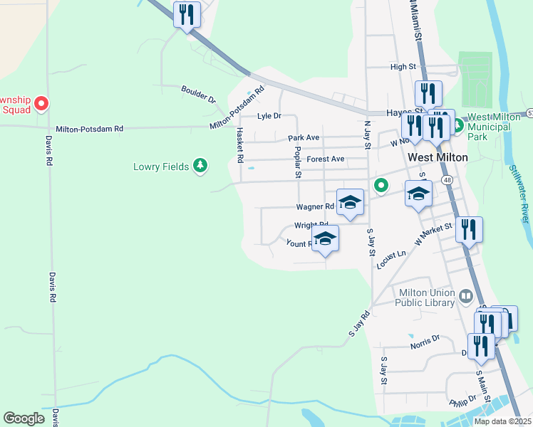 map of restaurants, bars, coffee shops, grocery stores, and more near 15 Black Oak Drive in West Milton