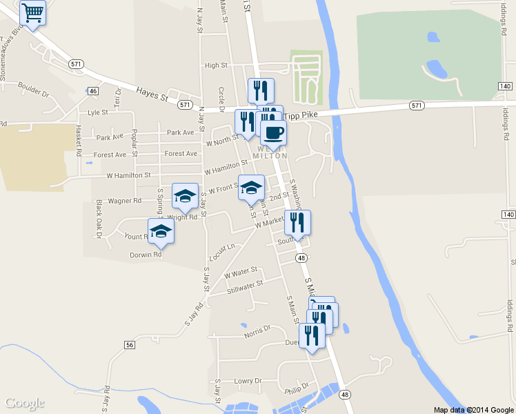 map of restaurants, bars, coffee shops, grocery stores, and more near 201 S Main St in West Milton