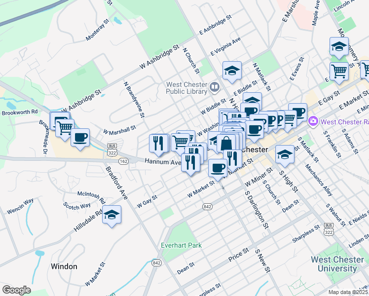 map of restaurants, bars, coffee shops, grocery stores, and more near 326 West Washington Street in West Chester