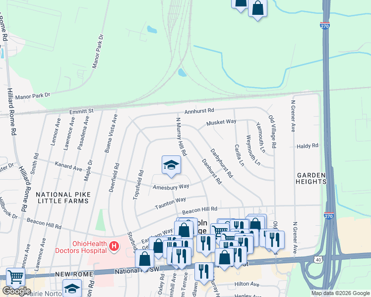 map of restaurants, bars, coffee shops, grocery stores, and more near 374 North Murray Hill Road in Columbus