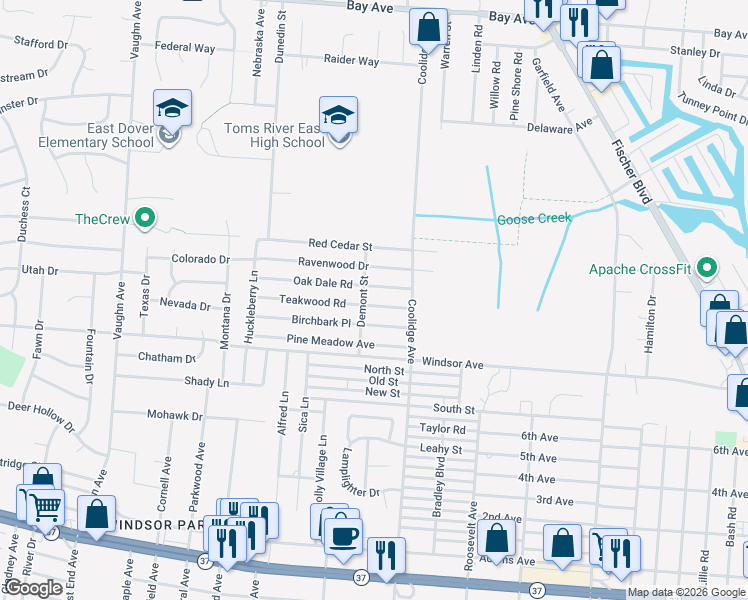 map of restaurants, bars, coffee shops, grocery stores, and more near 2006 Teakwood Road in Toms River