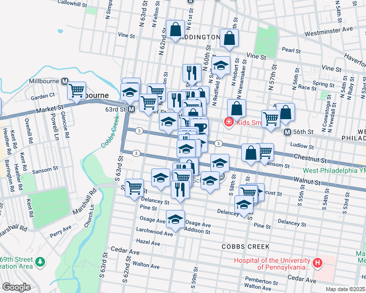 map of restaurants, bars, coffee shops, grocery stores, and more near 6021 Sansom Street in Philadelphia
