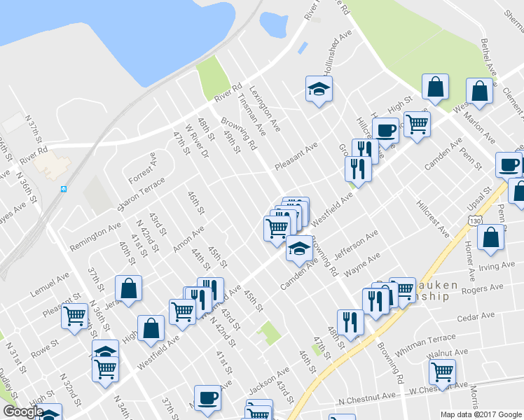 map of restaurants, bars, coffee shops, grocery stores, and more near 1842 48th Street in Pennsauken Township