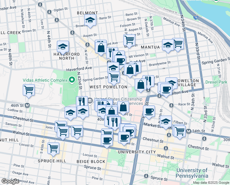 map of restaurants, bars, coffee shops, grocery stores, and more near 318 North 40th Street in Philadelphia