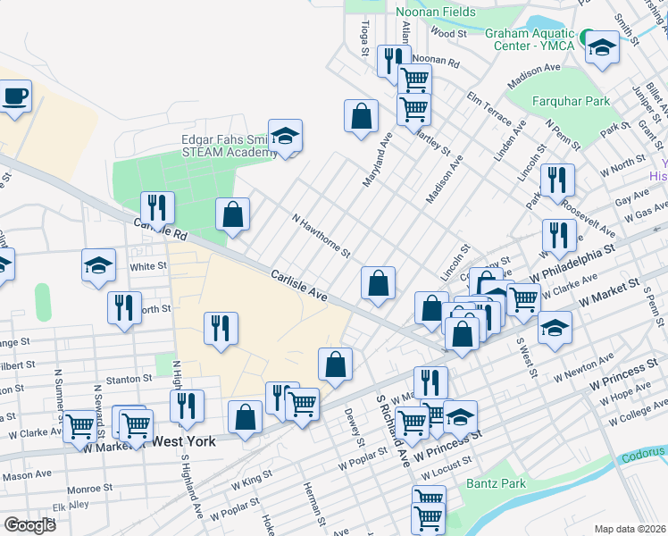 map of restaurants, bars, coffee shops, grocery stores, and more near 823 Pennsylvania Ave in York