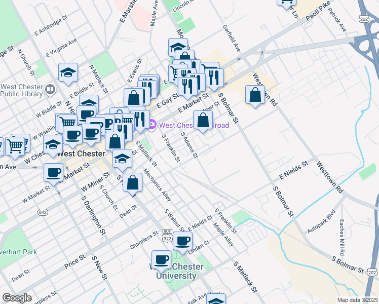 map of restaurants, bars, coffee shops, grocery stores, and more near 436 Danielle Way in West Chester