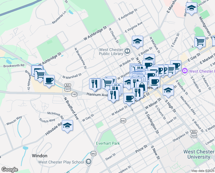 map of restaurants, bars, coffee shops, grocery stores, and more near 332 West Washington Street in West Chester