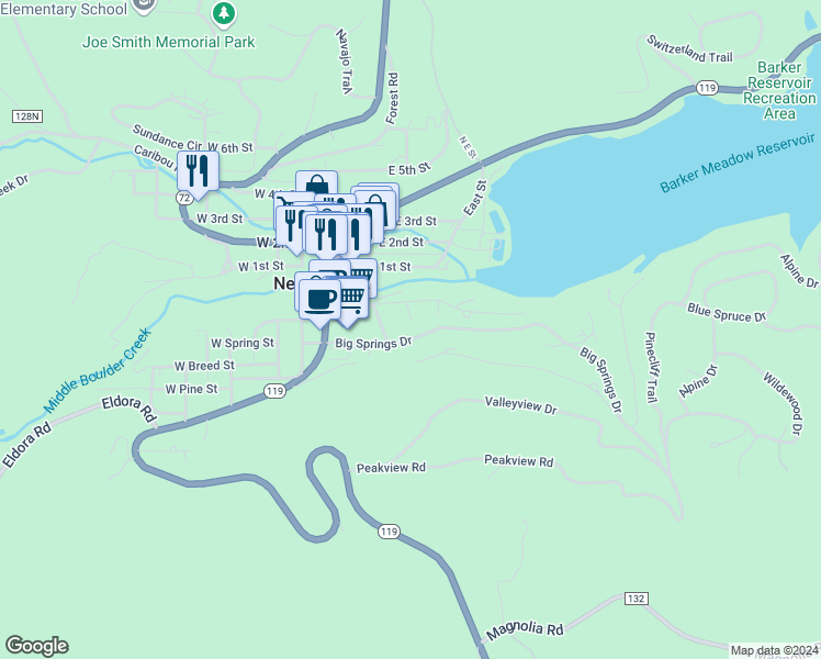 map of restaurants, bars, coffee shops, grocery stores, and more near 150 Lakeview Place in Nederland