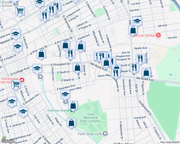 map of restaurants, bars, coffee shops, grocery stores, and more near 621 Norway Street in York