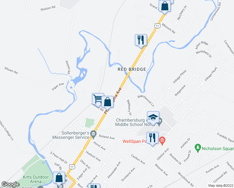 map of restaurants, bars, coffee shops, grocery stores, and more near 1960 Philadelphia Avenue in Chambersburg
