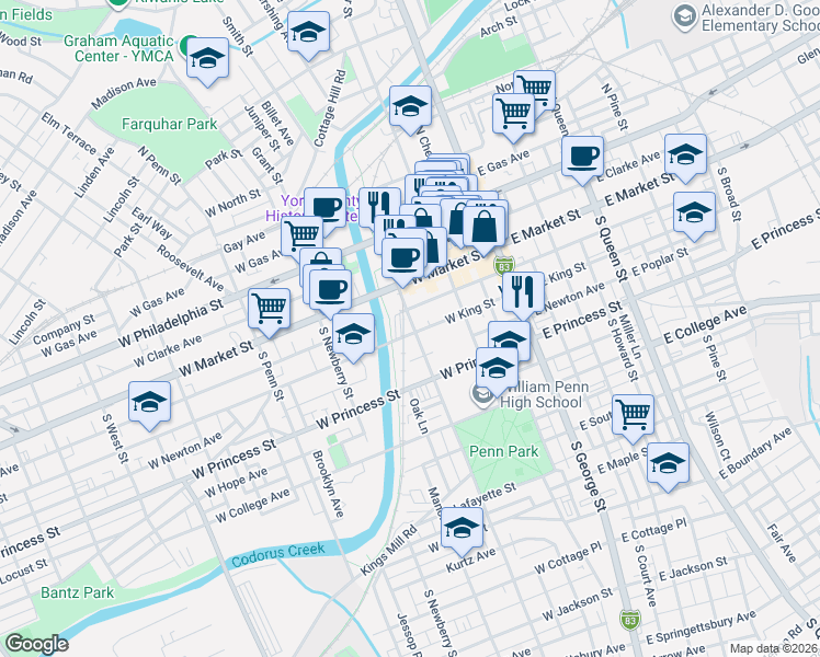 map of restaurants, bars, coffee shops, grocery stores, and more near 54 South Pershing Avenue in York