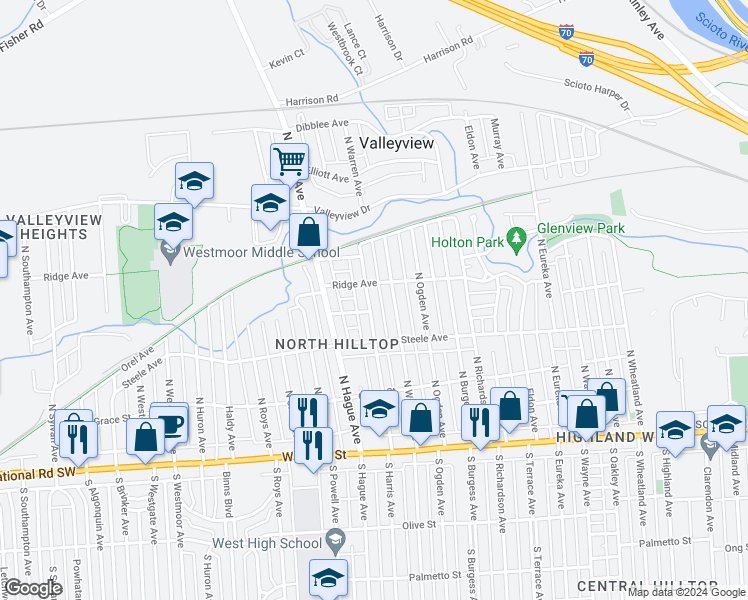 map of restaurants, bars, coffee shops, grocery stores, and more near 238 North Harris Avenue in Columbus