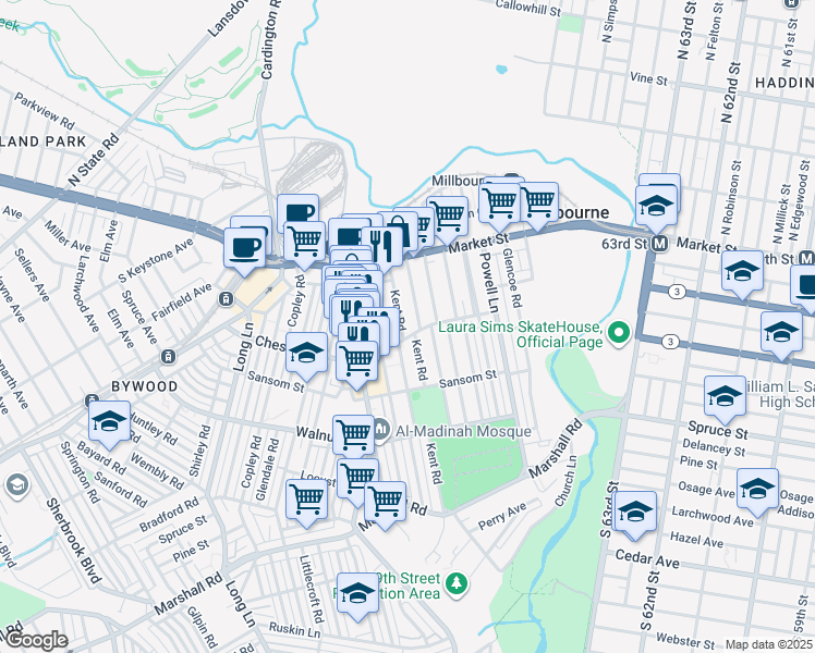 map of restaurants, bars, coffee shops, grocery stores, and more near 45 Kent Road in Delaware County
